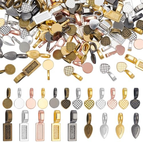 AHANDMAKER 166Pcs 21 Styles Glue-on Bails Pendants, Colorful Flat Pad Bails Pendants Charms Tag Bail Pendant for Necklace Bracelet Earring Jewelry Making, Crafting