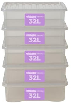 Wham Crystal Plastic Storage Boxes With Lids Home Office Stackable Nestable Container Box, 32L Easy fit Underbed Protective Storage Box, 60 x 40 x 18 cm - Tint Grey (Set of 5)