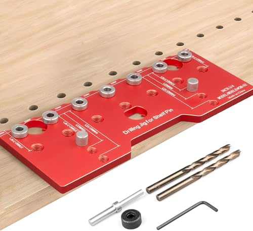Shelf Pin Jig, Cabinet Hardware Jig, 2 in 1 Aluminium Drill Guide | 1/4 Inch Shelf Pin Drilling Jig with Drill Bits for Straight, Repeatable Holes in Cabinet Doors and Shelving