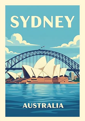 Sydney Australia Travel Kunstdruck Vintage Stil Opernhaus und Hafenbrücke Poster Größe A4
