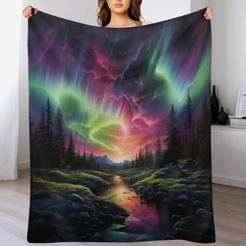 Nordlichter in Norwegen Fleece Decke, Weiche Kuscheldecken, Leichte, Gemütliche Flannel Sofadecke/Couchdecke Für Erwachsene, Wohndecke 100×130cm