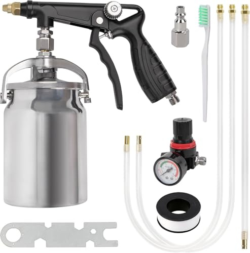 Hanured® Pistolet d'apprêt pour véhicule, avec Godet en Aluminium de 1000ml, Tuyau de pulvérisation Droit et à 360°, pour sous-Couche caoutchoutée, Protection antirouille pour Voiture