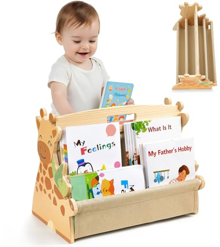 MHJY Kids Bookshelf – Wooden Double-Sided Sling Book Rack with Canvas Storage, Toddler Bookcase for Nursery, Bedroom, Playroom – Montessori Style Children’s Book Organiser