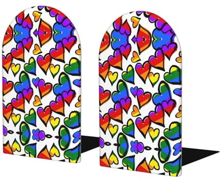 1 paire de serre-livres en bois avec imprimé cœurs colorés arc-en-ciel – Serre-livres décoratifs pour étagères – Arrêt de livre robuste pour cadeau/maison/bureau/école