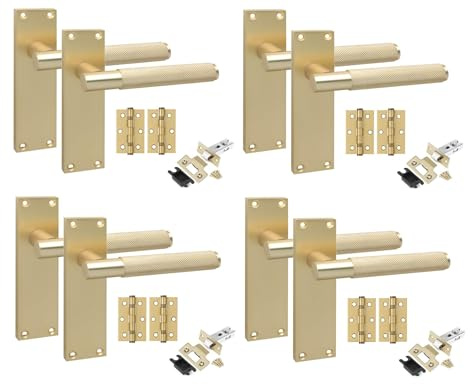 Golden Grace 4 Pair Victorian T-Bar Knurled Internal Door Handle Sets Satin Brushed Brass 150 x 40mm with 2.5 Latch & Hinges