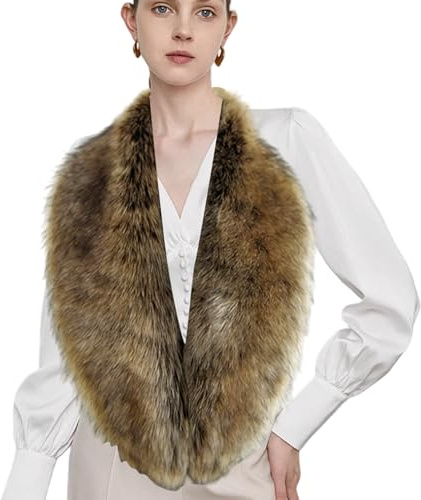 NIDONE Cuello de pieles largo y cálido chal de pieles sintéticas elegante bufanda color canela claro chal de invierno para mujer