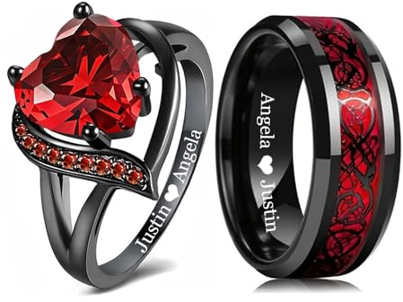 Otisfre His and Her Couple Rings Set, Celtic Dragon Men's Band & Heart Gemstone Women's Ring, Custom Engraved Promise for Anniversary Birthday Wedding Engagement Gift Set with