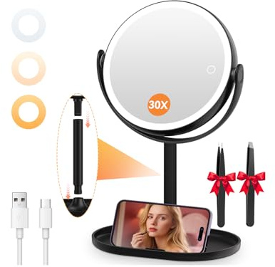 Auxmir Kosmetikspiegel mit Beleuchtung, USB 30X Doppelseitig Schminkspiegel | 3 Lichtfarben, Stufenlos Dimmbar, 360° Drehbar, Abnehmbares Reisedesign, 64 LEDs für Badezimmer Tisch und Urlaub, Schwarz