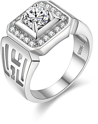 Uloveido Wide Square Platin überzogene Ringe mit glänzenden Zirkonia luxuriöse Herren Eheringe JX001 (Silber, Größe 59 (18.8))