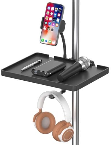 Universal Microphone Stand Tray, Adjustable Clamp-On Utility Shelf for Live Streaming, Karaoke, Recording (8.7 x 6.5)