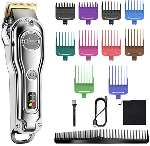 Hatteker Tagliacapelli da uomo con cavo per tagliare i capelli senza fili, kit professionale per tagliare i capelli, ricaricabile, IPX7, display a LED impermeabile, 10 pettini colorati