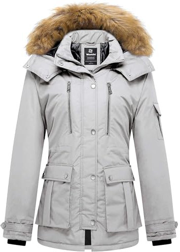 Wantdo Femme Manteau à Capuche Zippé Manteau Épais Décontracté d'Hiver Veste Coupe-vent d'Hiver Veste Chaude avec Capuche en Fausse Fourrure Gris XL