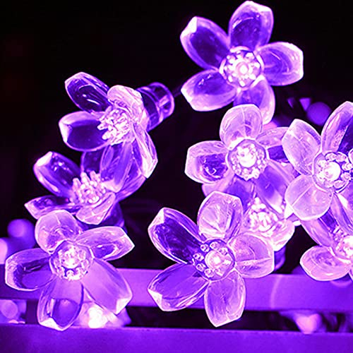 XVZ Solar Lichterkette Außen, 50LED 7m/23ft Solar Kirschblüten Fairy Lights, Solar Lichterkette Außen wasserdichte mit 8 Modi für Garten, Patio, Baum, Weihnachts und Party Deko - Lila