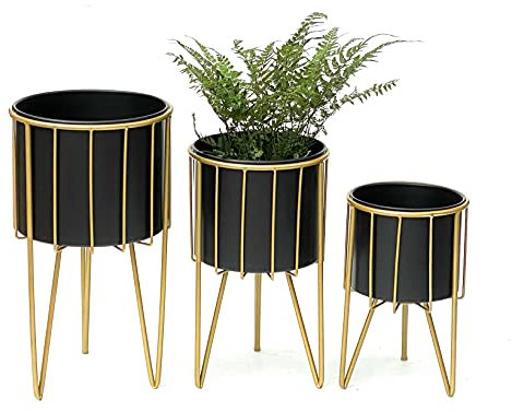 DanDiBo Blumenhocker mit Topf Metall Gold Schwarz Rund 3er Set Blumenständer 96039 Blumensäule Modern Pflanzenständer Pflanzenhocker