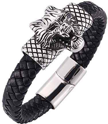 Skcess Männerarmband Schwarz,Beast Leopard Head Geflochtenes Lederarmband Rostfreier Stahl Schmuck für Männer 16.5cm