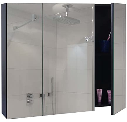 Mendler Spiegelschrank HWC-B19b, Badschrank Hängeschrank, 6 Regalböden Hochglanz FSC®-Zertifiziert 70x80x16cm - schwarz