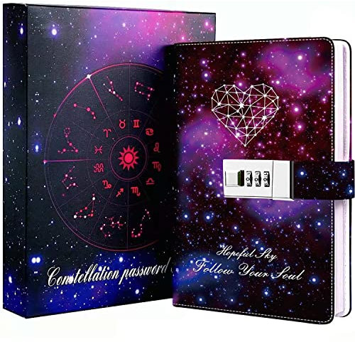 Dzhzal Diary with Lock, Starry Sky Journal for Boys Girls Women Lockable Leather Constellation Diary with Gifts Box, Personal Secret Locking Refillable A5 Notebooks 8.5 X 5.9