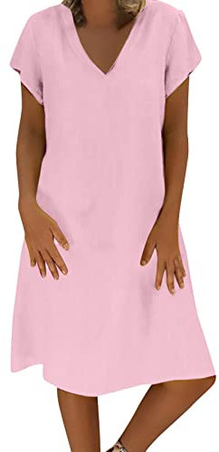Robe ample unie pour femme en tissu éponge et coton à manches courtes et col en V Robe tunique courte pour femme, Rose, S