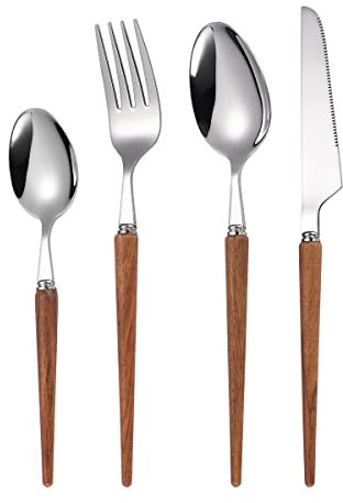16-Piece Set of Wooden Handle Kitchen Silverware Tableware Main Stainless Steel Knife and Fork Spoon Commercial Steak Coffee Western Tableware (Sharp/Black)