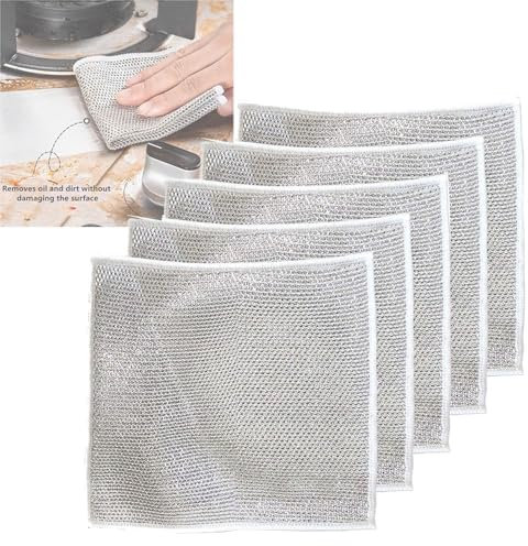 BAWUTZ Mehrzweck-Geschirrspüllappen aus Draht für Nass und Trocken, 5PC, Silber, Metalldraht