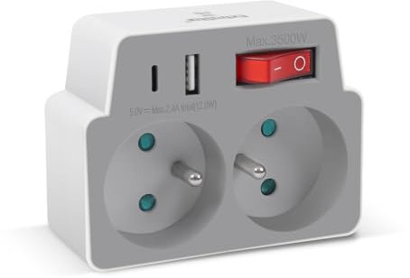 EXTRASTAR Multiprise Murale Gris, Adapteur Fiche Multiprise Biplite avec Interrupteur pour façade, Aver 2 Prise Murale et Ports USB, Type C