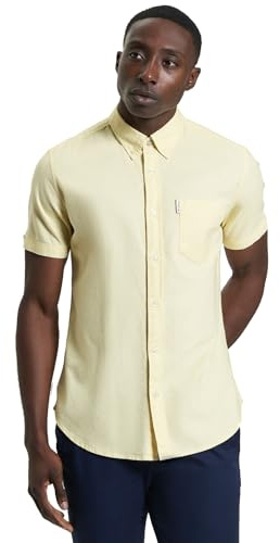 Ben Sherman Men's Button-Down Collar Signature Oxford Shirt, Tab Logo Pocket, Short Sleeved, Regular Fit (Corn) L