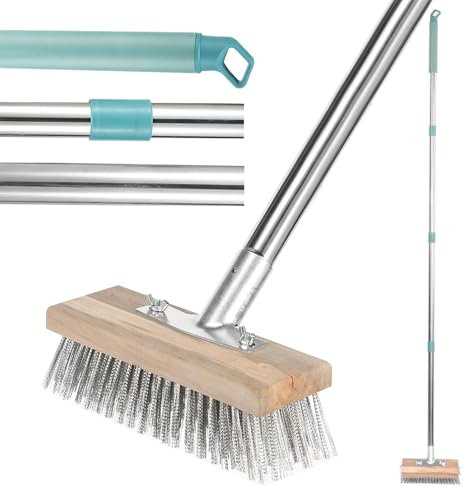 69 Inch Stainless Steel Wire Broom with Long Handle, Stiff Metal Bristle Deck Scrub Brush, 4 Detachable Poles, Outdoor Floor Scrub Brush for Cleaning Moss, Algae, Weed (20x175cm)