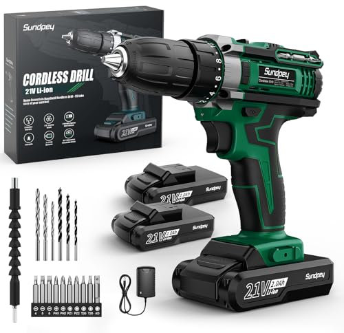 Sundpey Trapano Avvitatore a Batteria 21V - Trapano a Batteria con 2x2.0Ah Batteries, 45Nm Max, 18+1 Coppia, 10mm Mandrino Trapano, Led Luce, 2 Velocita, 21pcs Avvitatore Elettrico Per Fai da te Verde
