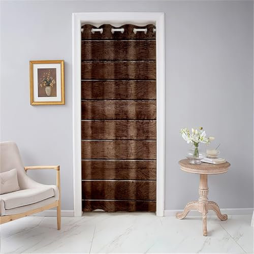 Odot Türvorhang Blickdicht mit Ösen, Verdunklungsvorhänge Vintage-Holzbrettern Druck Vorhang 1 Stück Thermovorhang Wohnzimmer Schlafzimmer Schrank Raumteiler Vorhang (80x180cm,Dunkelbraun)
