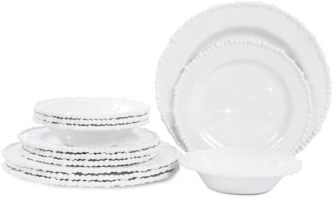 Lechoo White Pearl Melamin-Geschirr-Set, 12-teiliges Geschirrset aus Kunststoff, Service für 4 unzerbrechliche Küchenteller und Schüsseln