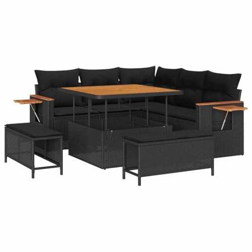 vidaXL 8-teiliges Garten-Sofa-Set mit Kissen, Schwarz, Poly Rattan, Akazie – Bequemes Sitzen für 5 Personen, Modernes Outdoor-Möbel für Terrasse und Lounge.