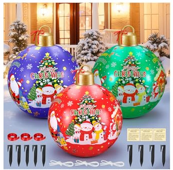 Zourglow Riesiger aufblasbarer Weihnachtsball, 3 Stück 24 Zoll Weihnachtsdekorationen im Freien PVC, Große Weihnachtsbaumeln für Garten, Außen