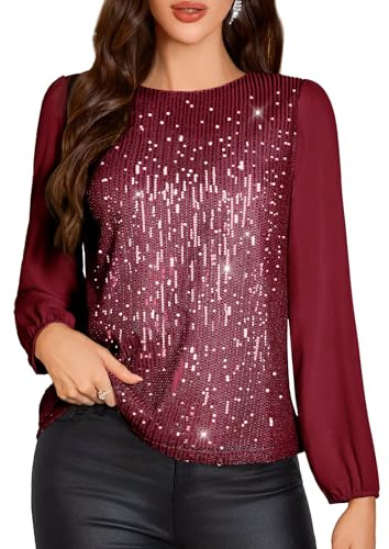 DRESSTELLS Paillettenoberteil Damen Funkelnde Langarmbluse für Party Runde Kragen Glitzer Bluse Karneval Festliches Glitzertop