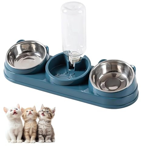 3-in-1 Katze Futternapf und Wassernapf Set - Katzennapf aus Edelstahl 15° Neigbar Doppel-Katzennäpfe mit Automatische Wasserspender für Haustiere Abnehmbarer Futternapf für Katzen＆Kleine Hunde Dunkelb