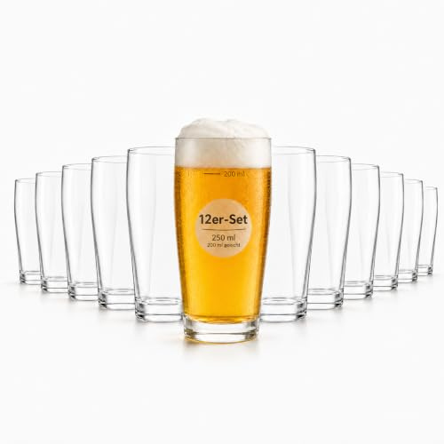 Wavero Willibecher 250 ml, geeicht 200 ml, 12er Set Trinkgläser | Klare Biergläser mit sichtbarem Eichstrich – für Gastronomie, Events und den täglichen Gebrauch