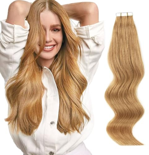ABH AmazingBeauty Hair Tape in Extensions Real Human Hair Semi-permanent Tape Attached 50g 20pcs Skin Weft Tape Attached Invisible Seamless Reusable Strawberry Honey Caramel Blonde Color 27 20 Inch
