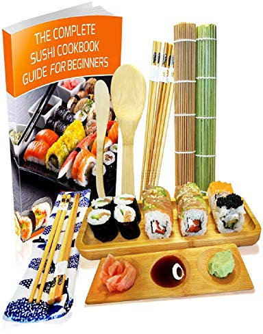 Sushi Maker Kit 11 pièces – Préparer vos propres sushis à la maison – 2 nattes à rouler en bambou, 5 paires de baguettes avec sachet, cuillère, spatule, plateau, plat à sauces et eBook
