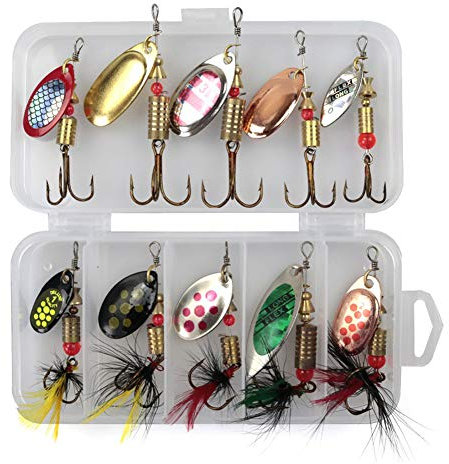 10Pcs/Set Sequins Spinner Fishing Lures with Hook, Lifelike Rotating Metal Spinner Bait Crankbaits Set Fishing Tackle Sharp Treble Hooks(10pcs)