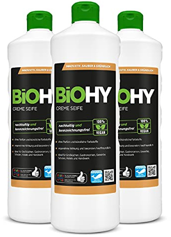 BiOHY Creme Seife (3 x 1 Liter) | Hautschonende, rückfettende & geruchsneutrale Handseife | flüssiger Nachfüllpack mit pflanzlichen Inhaltsstoffen | auch für das Gesicht geeignet