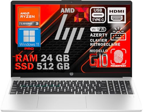 HP 255 G10 Ordinateur Portable AMD Ryzen 3 7330U, RAM 24 Go DDR4, SSD 512 Go NVMe, Écran 15.6 FHD Antireflet, WiFi 6E, Clavier AZERTY Rétroéclairé, Empreinte Digitale, Windows 11 Pro