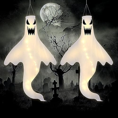 2 Pack Halloween Ghost Shape Windsock Flag with Warm White LED Lights, Halloween Outdoor Hanging Decor for Yard Garden Patio Pathway Party Decoration