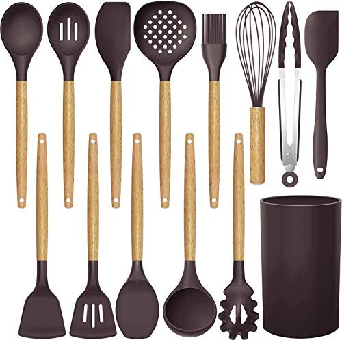 Ustensiles de Cuisine en Silicone Ensemble d'ustensiles de Cuisine poignées en Bois résistant à la Chaleur Gadgets de Cuisine Gris Outils pour ustensiles de Cuisine antiadhésifs (Marron-12pcs)