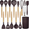 Ustensiles de Cuisine en Silicone Ensemble d'ustensiles de Cuisine poignées en Bois résistant à la Chaleur Gadgets de Cuisine Gris Outils pour ustensiles de Cuisine antiadhésifs (Marron-12pcs)