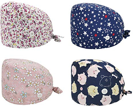 Nanxson OP-Haube Schrubben Kappe verstellbarer Bauwolle Arbeitskappe Turban Hut mit Knöpfen Sweatband Bouffant Kochmütze Haarabdeckung CF9076 (One Size, Mehrfarbig-2)