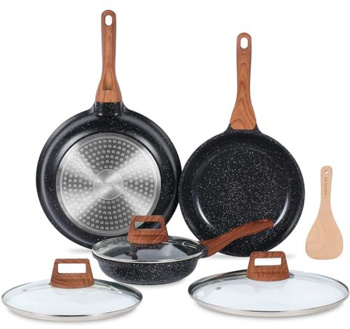 ESLITE LIFE Juego de sartenes antiadherentes con tapas para tortilla de huevo, utensilios de cocina con revestimiento de granito compatibles con todas las estufas (gas, eléctricas e inducción), sin