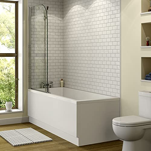 1700 x 750mm Straight Square Bathtub Shower Bath Bathroom Suite with Frameless Curved Clear Bath Screen Glass Panel Overbath Screen & Front End Bath Panel