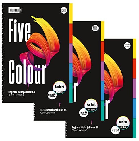 Staufen Advanced Collegeblock Colour - 3 Blöcke DIN A4, kariert, 100 Blatt, 5 Farben-Register, 4-fach Lochung, extraweißes 70 g/m² Qualitätspapier