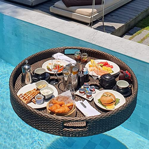 SAHRY Schwimmendes Tablett Für Pool, Runden Schwimmendes Bartisch-serviertablett, Schwimmender Getränkehalter Für Strandparty, Essen Auf Dem Wasser Schwimmendes Tablett Für Sandbänke,Brown-80cm/31in