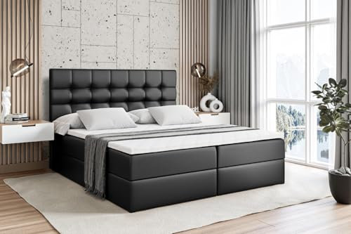 ALTDECOR Boxspringbett mit Matratze und Lattenrost, Boxbett, Topper, Polsterbett mit Bettkasten, Bett mit Stauraum H4-Matratze, Doppelbett, Springboxbett - BERO - 180x200 - Schwarz Kunstleder