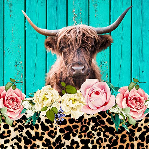 Hochland Kuh Stoff Meterware,Rustikaler Blumen Leoparden Druck Polsterstoff für Stühle,Bauernhaus Dekostoff mit Holzmaserung für Polster und Heimwerkerprojekte,920x160cm,Blaugrün